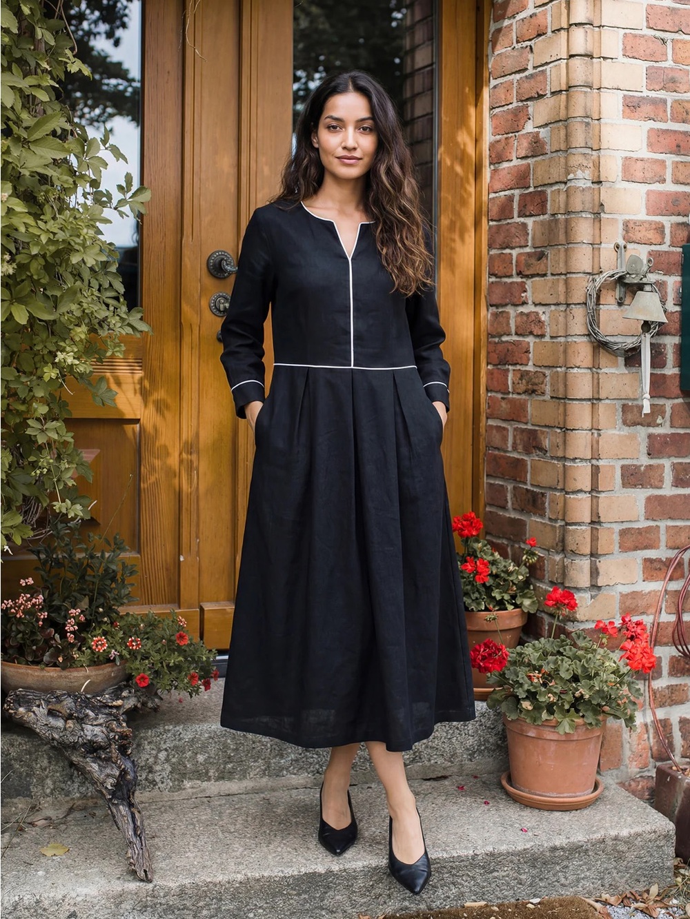 Lintico Linen-Lyocell Contrast Trim Gathered Midi Dress NYX